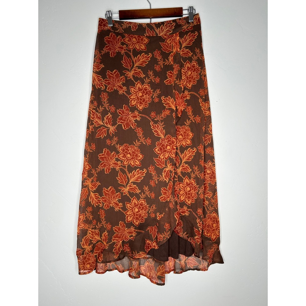 Maurices Autumn Floral Maxi Skirt Ruffle High Low Hem Size Small Fall Office